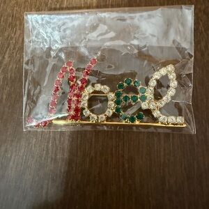 Noel Christmas Brooch Pin Rhinestones Gold Tone 2" Long Multicolor Red Green